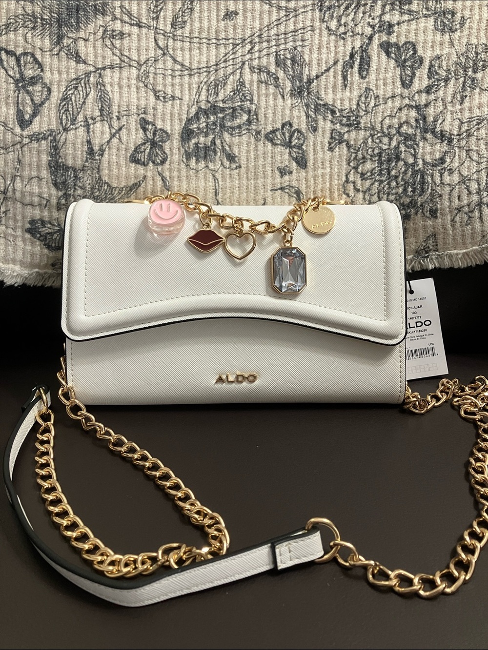 ALDO White Crossbody Bag with Gold Chain and Charm Details
